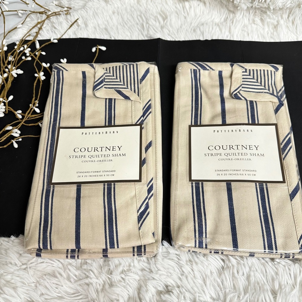 Pottery Barn‎ Courtney Shams Pillow Cases Navy Blue Cream Stripes 2 Pc Set NEW